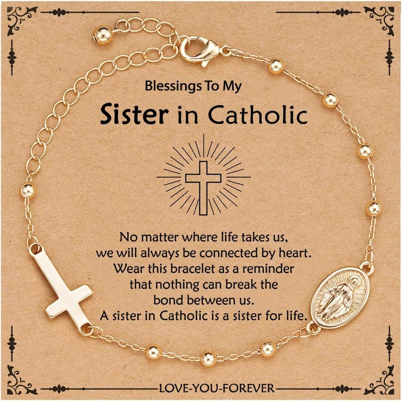 VULETO Catholic Virgin Mary Cross Bracelet Gifts for Girls Teens Women, Rosary Beads Charm Link Chain Bracelet Christmas Christian Religious Jewelry Gifts - Image 1